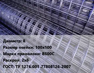 Сетка 8 Ячейка: 100х100 В500С Раскрой: 2х6 ГОСТ: ТУ 1276-001-77808126-2007
